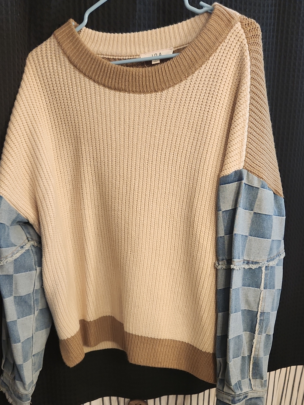 J.O.A. Beige and Brown Colorblock Knit Sweater with Blue Denim Patchwork Sleeves